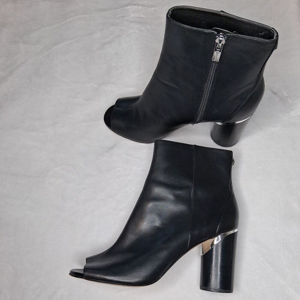 DKNY Black Bootie Open Toe Zipper Side Round Heel Silver Detail US Sz 9.5M